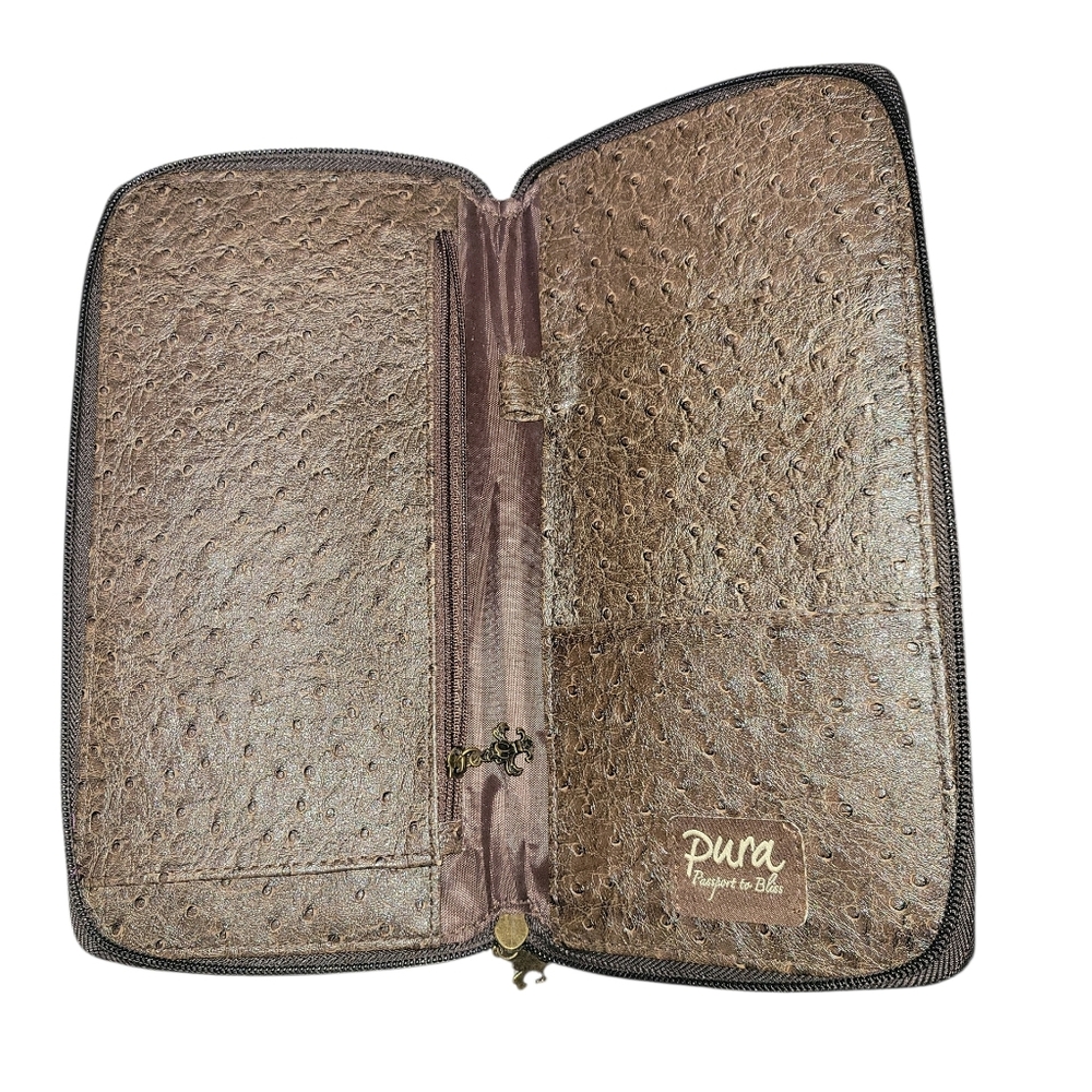 Pura "Passport to Bliss" Ostrich Embossed Travel Wallet - Coffee Brown